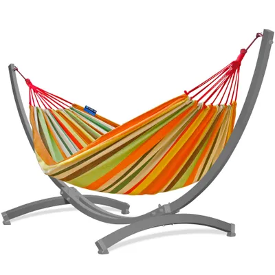 Produktbild von Potenza Outdoor Hängematte mit Verzinkter Tytan Gestell für 2 Personen I Baumwolle Doppelhängematte XXL 220x160, 200kg I Grau Hängemattengestell 350 kg, wetterfest