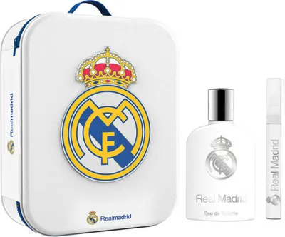 A Real Madrid branded gift set containing a perfume bottle and a travel spray, presented with the club's crest.