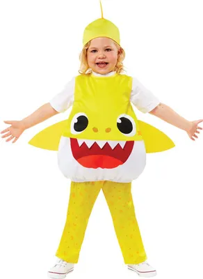 Baby Shark Kostüm kleiner Hai Gelb für Kinder von Vorne mit ausgebreiteten Armen