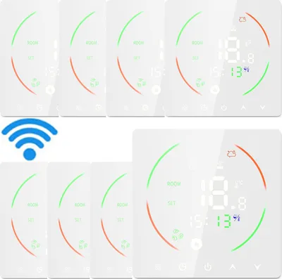 A collage of multiple smart thermostats, with one thermostat prominently displayed in the foreground.