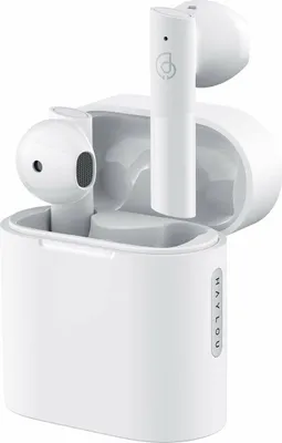 A pair of white wireless earbuds with their charging case open, showing the earbuds inside.