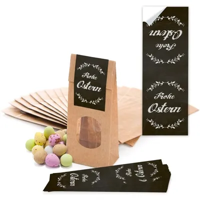 Produktbild von 25 kleine braune Papiertüten Ostertüten Osternest mit Fenster + Pergamin-Einlage 7 x 4 x 20,5 cm + 25 Osteraufkleber 5 x 15 cm vintage Hase Osterhase Ostern Herz rot Verpackung Aufkleber"Frohe Ostern" Schwarz, Weiß / 25 Stück