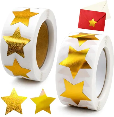 Imagen del producto de Adornos navideños con forma de estrellas doradas y brillantes, 500 unidades, en 2 rollos, para envoltorios de regalos