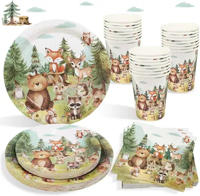 Productafbeelding van Bosdieren verjaardagsdecoratie - Set van 100 - Papieren borden - Herbruikbare papieren borden - Kinderverjaardag