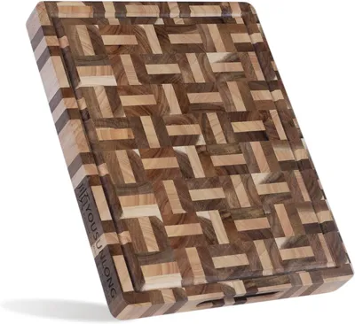 Imagen del producto de Tabla de cortar grande de acacia y roble, de 42x33 cm, con un grosor de 3,8 cm, con canal para recoger los jugos y asas, ideal para la cocina