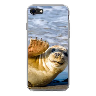 Produktbild von MuchoWow® Handyhülle Schutzhülle Hülle für iPhone SE 2020 Robbe - Lustig - Schaukel - Kinder - Jungen - Mädchen - Kind Silikon Softcase Handy Hülle - Kartenbesitzer