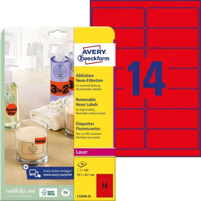 Produktbild von Avery Zweckform L7263R-25, Etiketten in Sonderfarben, A4, 99,1 x 38,1 mm, 350 Etiketten / 25 Bögen, leuchtrot