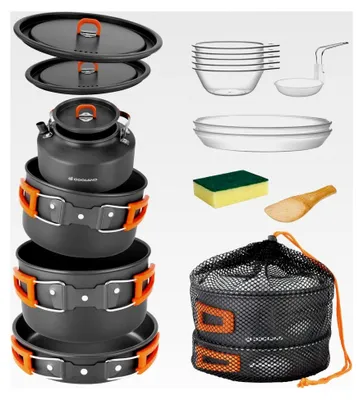 Produktbild von Camping Geschirr Set 15-teilig, Outdoor Kochgeschirr Set mit 2 Töpfen, Bratpfanne und Wasserkocher für 4-5 Personen