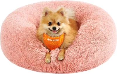 Immagine prodotto di Feandrea Lettino per cani, letto per gatti, cuscino a ciambella, lavabile, imbottitura centrale rimovibile, peluche lungo, diametro 60 cm, rosa