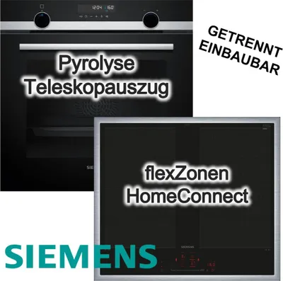 Produktbild von SIEMENS Herdset Pyrolyse 3D-Heißluft 1-fach Teleskopauszug Weißes LCD-Display + Induktionskochfeld 60 cm varioInduktion HomeConnect BratsensorPro