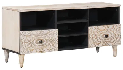 Image de Meuble TV Blanc 100 x 33,5 x 46 cm Bois de mangue massif