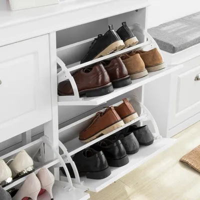 Image de Armoire à chaussures - avec 4 portes - meuble étroit pour l'entrée et le couloir - 105x82x24 cm - blanc