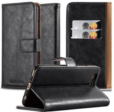 Multiple views of a black leather phone case with card slots, shown in different orientations.