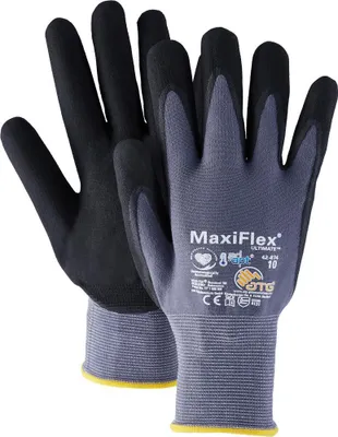 A pair of black and gray work gloves with yellow trim on a white background.