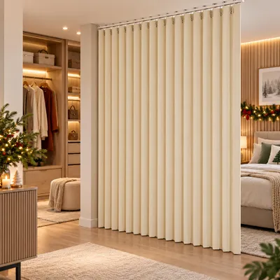 Productafbeelding van Extra grote scheidingsgordijn, afmetingen: 254 x 241 cm, waterdicht, geschikt voor binnen- en buitengebruik, met verticale strepen, inclusief haken, beige kleur