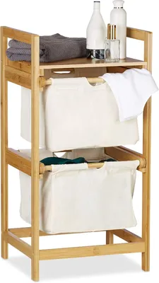 Image de Panier à linge en bambou - 2 compartiments - Extensible - Portable - 25 litres - Sacs à linge - Salle de bain - Naturel