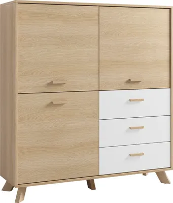 Produktbild von byLIVING Highboard BASTIAN / Eiche bianco, weiß / Griffe und Füße Massivholz Eiche / 3 Türen, 3 Schubladen / viel Stauraum / Kommode / Schrank / Maße: B 120, H 131, T 36,5 cm