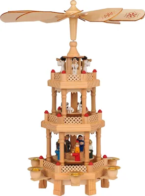 Produktbild von Weihnachtspyramide aus Holz 3 Stöckig für 6 Kerzen - Weihnachtsdekoration Weihnachten Holzpyramide Echtholz Engel Erzgebirge