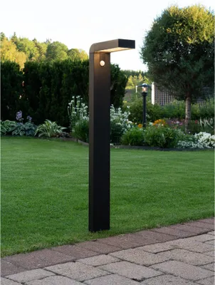 A black LED solar lamp with a motion sensor stands in a garden next to a paved walkway.