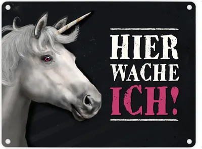 Produktbild von Metallschild mit Einhorn Motiv und Spruch: Hier wache ich! Metallschild
