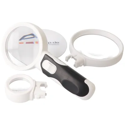 Zdjęcie produktu dla Podświetlana lupa LED z 2 diodami LED, w tym 3 baterie, z 3 wymiennymi soczewkami mocującymi
