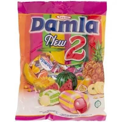 A bag of Tayas Damla 2 tropical flavored chewy candies.