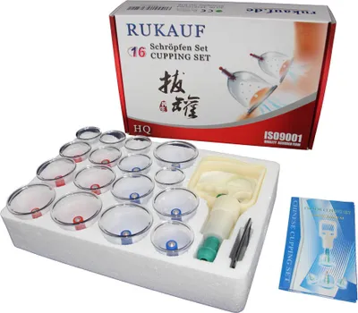 Produktbild von B16 Massage Schröpfen Set mit 16 Schröpfgläser aus Kunststoff mit Magneten + Vakuumpumpe
