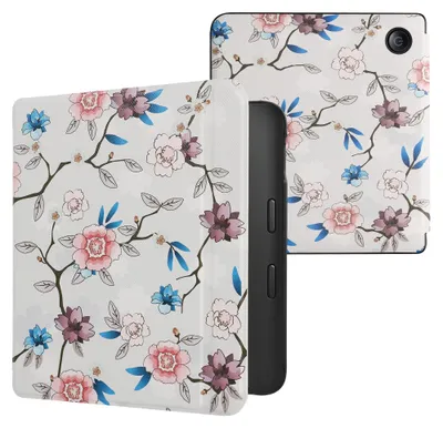 Produktbild von kwmobile Schutzhülle für Kobo Libra 2 Hülle - eReader Flip Case mit Auto Sleep Funktion - Blüten und Blätter mit Weiß Rosa Blau