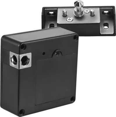 A black electronic RFID sensor cabinet lock and its mounting bracket are shown against a white background. The lock has a metallic corner piece with two circular openings. The mounting bracket has a silver plate with a protruding pin and two screws.