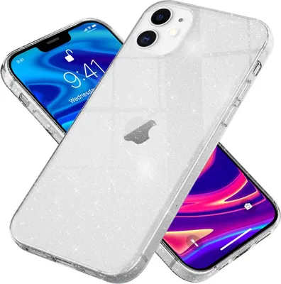 Two iPhones are shown, one in the foreground with a glittery clear case, and another in the background with its screen visible.