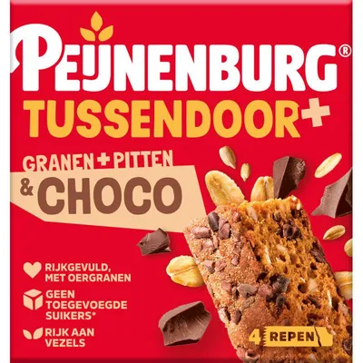 Zdjęcie produktu dla Peijnenburg Tussendoor+ batonik z ziarnami, hakami i czekoladą, 147 g