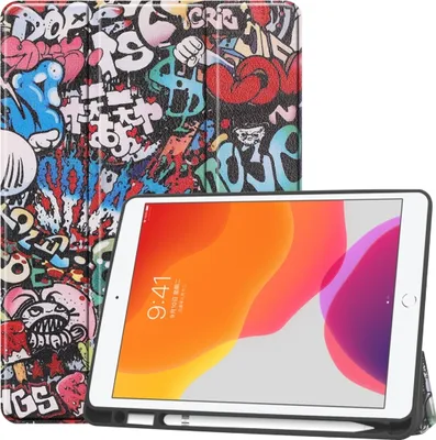 Produktbild von Mobigear Tri-Fold Gel iPad 8 (2020) Hülle TPU,Kunstleder Klapphülle + Stifthalter - Grafitti
