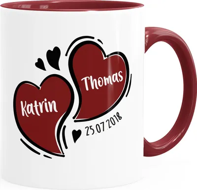 Produktbild von Kaffee-Tasse Herzen personalisiert anpassbare Namen Datum Liebe Geschenk Hochzeitstag Jahrestag SpecialMe® inner-bordeaux Keramik-Tasse