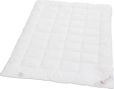 A white quilted comforter is shown laid out on a white background.
