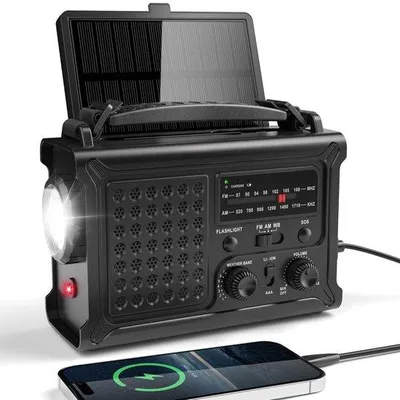 Zdjęcie produktu dla Przenośne radio awaryjne Unyqoos® z korbką i panelem słonecznym, powerbank o pojemności 12000 mAh, zasilanie USB-C/AAA/ręczna korba, alarm SOS, kieszonkowa i składana lampka do czytania, teleskopowa antena, wodoodporny materiał ABS