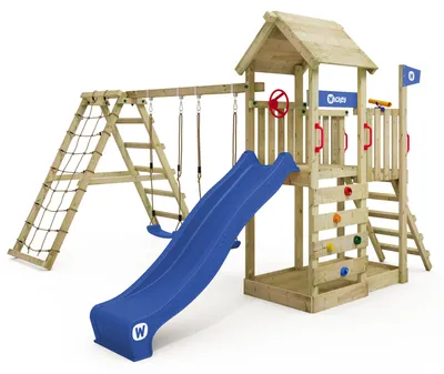 Produktbild von Spielturm Wickey RocketFlyer mit Kletteranbau und Rutsche, aus Holz, blau