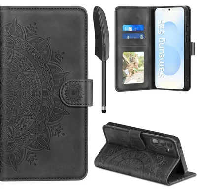 Produktbild von Flip Wallet Hülle für Samsung Galaxy S25 5G Kunstleder Schwarz mit Kartenfach und Standfunktion
