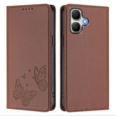 Image de Étui en cuir pour Infinix Smart 20, étui de protection type portefeuille en cuir gaufré « papillon » avec support, marron