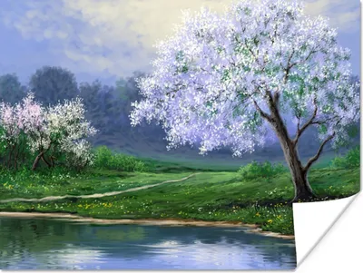 Produktbild von MuchoWow® Poster Malerei - Baum - Blüte - Natur - Wasser 120x90 cm - Wandbild