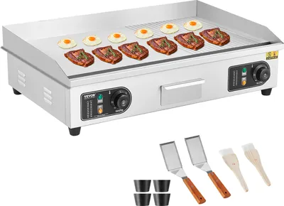 Image de VEVOR Gril électrique commercial, 4400 W, gril semi-plat pour le plan de travail, température réglable de 50 à 300 °C, 72 x 39 x 1 cm, plaque de gril en inox avec 2 pelles et 2 brosses