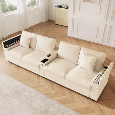 Produktbild von Abrihome 4-Sitzer Sofa aus Cordstoff mit USB und verstecktem Stauraum, Wohnzimmer Sofa, Beige