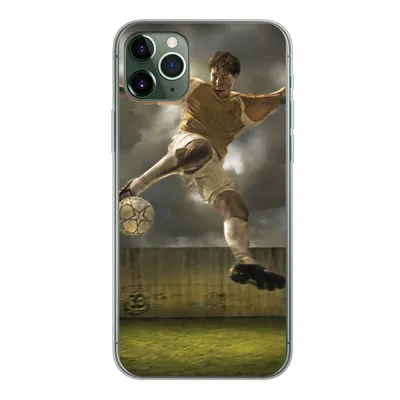 Produktbild von MuchoWow® Handyhülle Schutzhülle Hülle für iPhone 11 Pro Max Eine Illustration eines Fußballspielers, der den Ball schießt - Jungen - Kinder Silikon Softcase Handy Hülle - Schutz