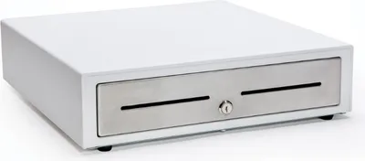 Image de CD4-1616 - Tiroir de caisse, façade en acier inoxydable, ouverture frontale, 8 compartiments à billets, 8 compartiments à pièces, 2 fentes pour chèques, RJ12-KIT, blanc