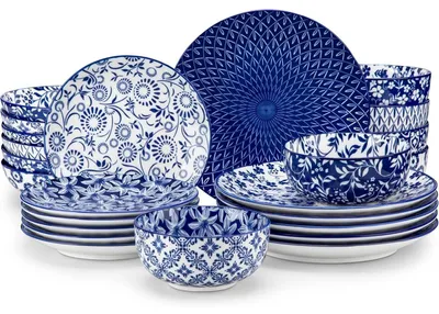 Immagine prodotto di Set di stoviglie da 24 pezzi per 6 persone, colorato blu e bianco, in Vetroceramica. Include piatti piani, piatti da insalata, piatti fondi e ciotole