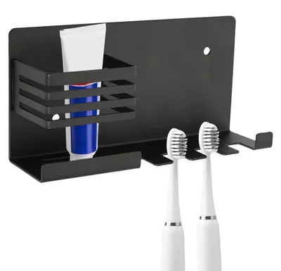 Image de Porte-brosses à dents mural en acier inoxydable, noir, avec 4 compartiments et un support pour gobelet, fixation sans perçage