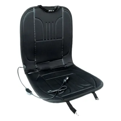 A black heated car seat cushion with a power cord and plug.