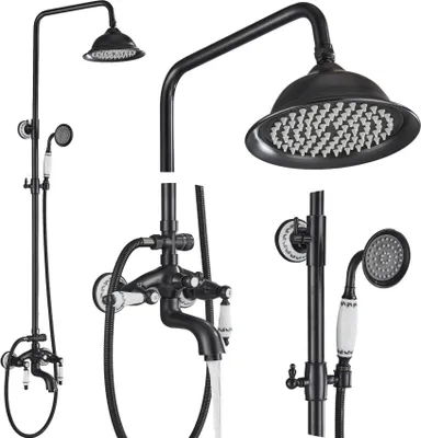 Immagine prodotto di Miscelatore doccia a parete Ari Retro, soffione e bocca girevoli, altezza regolabile, nero anticato, cartuccia in Vetroceramica