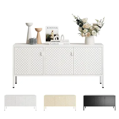 Immagine prodotto di Mobile TV FLEXISPOT in metallo - credenza con fori di ventilazione, 3 porte e piedini regolabili per soggiorno, ufficio, camera da letto, 118x39x55 cm, bianco