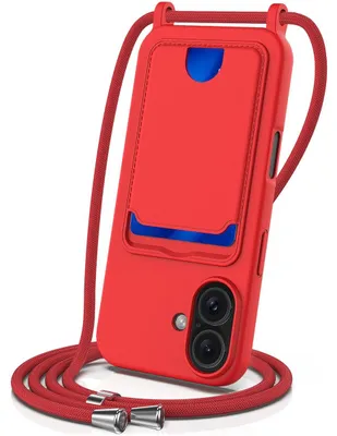 Produktbild von Mobigear Lanyard Card iPhone 16 – Silikon-Handykette mit Kartenhalter – Rot