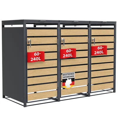 Produktbild von Mülltonnenbox Johan Anthrazitfarbene Mülltonnenverkleidung mit Holzdekor für 3 Tonnen